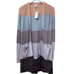NINE WEST Cardigan Large Blue Gray Stripe Sweater Duster Acrylic Blend NWT